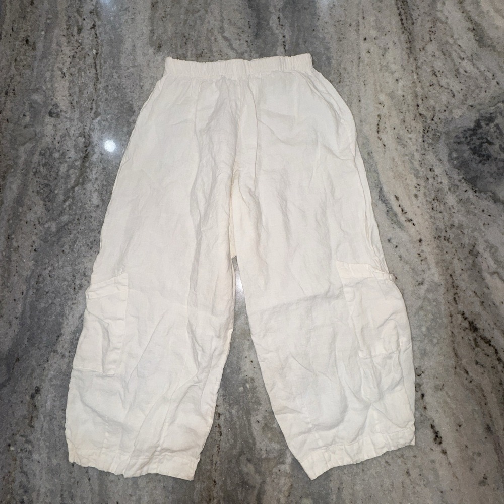 Bryn Walker USA Linen Capri Pants Pockets Tan Beige Sz S Beach Lagenlook Boho